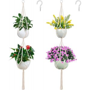 Mevronisshop-2-Layer Macrame Plant Hangar Set De 2 Pi&egrave;ces Double Plante Hangar Avec Gland Pendaison Panier De Plantation Fait &Agrave; La Main Corde De Coton Pendaison Panier De Plantation Avec 2 Crochet - Neuf