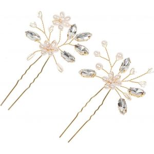 Kal-2pcs Accessoires Pour Cheveux De Mariage, Peigne De Cheveux De Mariage De Mariée, Perle Cristal Peigne Côté Cheveux Fait Main Épingles À Cheveux Fleurs Exquis Strass Pinces À Cheveux Mariage, Or - Neuf