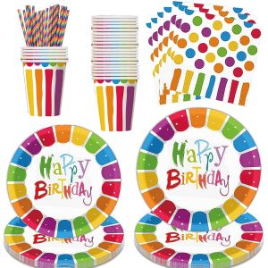 Tianyi-Lot De 125 Assiettes En Carton Arc-En-Ciel Jetables Comprenant Des Assiettes En Carton Colorées Et Des Serviettes, Des Gobelets, Des Pailles Pour Décoration De Fête D'anniversaire D'enfants ¿ - Neuf