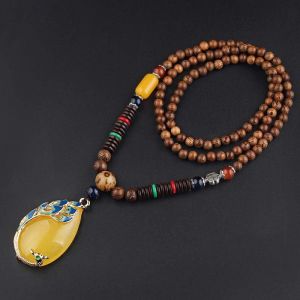 Kal-Vintage En Perles Long Collier Chaîne Chandail Sculpture Sur Bois Naturel Ethnique Résine Jaune Peacock Bohemian Unisexe Accessoires Du Vêtement Simple Minimaliste - Neuf