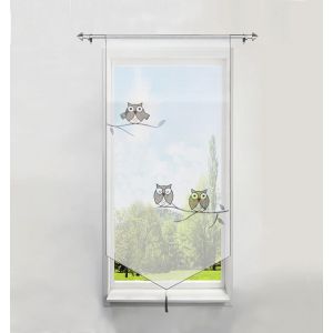 1pièce Rideau Brise-Bise Lxh/60x120cm En Polyester Transparent Broderie Hibou Gris Avec Pompon Rideaux Courts Décoration De Fenêtre - Neuf