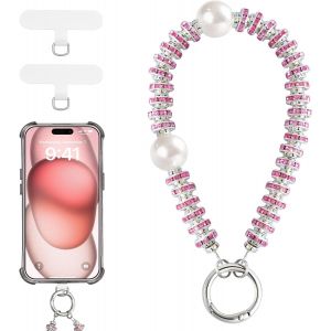 Checarzhn--No1-Dragonne De Poignet Pour Coque De Téléphone, Bracelet Amovible Avec Perle Décorative & Languette, Bracelet Main Libre Pour Femme, Rose - Neuf