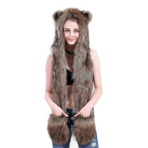 Loup Fausse Fourrure Partie Animal Chapeau Écharpe Gants Mitaines Pour Femmes Hommes 3-En-1 Flush Furry Hoodie Chapeaux Doux Chaud Cap Oreille Rabat Bonnet(A) - Neuf