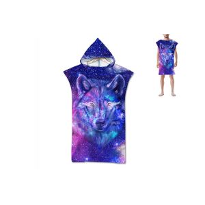 Peignoir De Plage Unisexe &Agrave; Capuche Et S&eacute;chage Rapide - Motif Loup Et Galaxie, 75 X 110 Cm, En Microfibre - Neuf