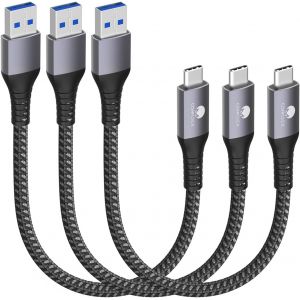 KAL-Lot de 3 c&acirc;bles USB C courts 30 cm/0,3 m - 10 Gbps - C&acirc;ble de donn&eacute;es USB 3.1 Gen2 - Type C - Android Auto QC3.0 3,1 A - USB A vers C - Chargeur rapide pour Samsung Note20 Galaxy S24/S23/S22 - Neuf