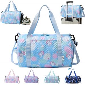 KALANKA-Sac de Sport Fille, 25L Imperméable Sac de Voyage, Licorne Sac Weekend Enfant, Sac Voyage Cabine Avion, Travel Bag pour Gym Sport avec Compartiment à Chaussures et Poche Humide, Bleu - Neuf