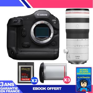 Boitier Canon EOS R1 + RF 70-200mm f/2.8 L IS USM Z White + 2 SanDisk 512GB Extreme PRO CFexpress Type B + 3 Canon LP-E19 + Ebook 'Devenez Un Super Photographe - Neuf