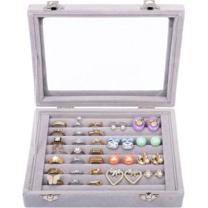 JEXNOVASHOP-Boite Vitr&eacute;e de Rangement Bague en Velours Gris avec 7 Sections - Boite pour Bague, Boutons de Manchette et Boucles d&iquest;Oreilles - Neuf