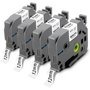 4X Compatible pour Brother TZe-S231 TZeS231 TZS231 Tz 12mm x 8m Lamin&eacute; Adh&eacute;sif Puissant Ruban Noir sur Blanc pour Brother PT-H100LB E110 H107B H200 1250S H101C D400 E300VP 1000 1005 1010 - Neuf