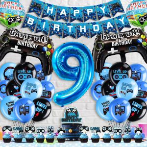 Deco Anniversaire 9 Ans, 37 Pièces Jeu Vidéo Décoration Anniversaire Ballons, XXL Gamer Decoration Anniversaire Happy Birthday Decoration avec Bannière et Decoration Gateau pour 9 Ans Garçon - Neuf