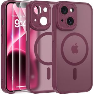 Magn&eacute;tique Coque Pour Iphone 14 Avec 2 Verre Tremp&eacute;, Compatible Avec Magsafe, Protection D'Objectif Tout Compris, Etui Mat Arri&egrave;re Housse Fine Antichoc Case Iphone 14 6.1"", Rouge - Neuf