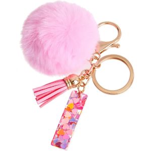 KAL-Porte-Clés Rose Avec Lettre Porte-Clés Fille Initiale Cadeau Femmes Porte-Clés Boule De Poils Décorer Pour Sac Sac À Dos Porte-Clef Gland Or Porte-Clef Femme - Neuf