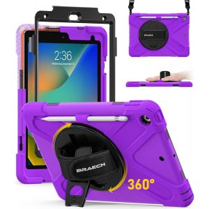 pour Coque iPad 9&egrave;me/8&egrave;me/7&egrave;me G&eacute;n&eacute;ration 10,2 Pouces 2021/2020/2019, &Eacute;tui de Robuste avec Film Protection, Porte-Stylet, Support Rotatif &agrave; 360&deg; et Dragonne, Bandouli&egrave;re, Porte-Crayon, Pourpre - Neuf