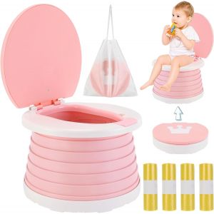 Pot Pliable Enfant Voyage Portable Toilette Bebe Retractable B&eacute;b&eacute; Toilettes Wc Chambre Training Transportable Pliant Avec 60 Sacs De Si&egrave;ge De Toilette Pour 1 2 3 Ans Voyage Ext&eacute;rieur Camping (Rose) - Neuf