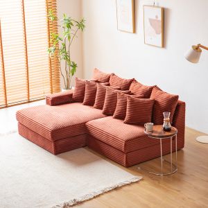 Canap&eacute; d'angle 2-3 places assise profonde en velours c&ocirc;tel&eacute; terracotta CARDIFF - Neuf