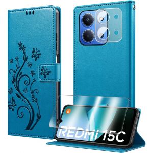 JGD-Coque pour Xiaomi Redmi 15C (4G/ 5G) avec 1 Verre Tremp&eacute;,1 Protection Camera,&Eacute;tuis Rabat [Housse en Cuir PU][Fentes pour Cartes][Pochette de Portefeuille][Stand Feature]- Bleu - Neuf