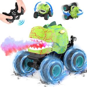SANSH-Dinosaure Voiture Télécommandée, 2.4GHz Dinosaure Monster Truck Telecommande avec Spray, LED et Sons, Cadeau pour Enfant de 3 4 5 6 7 8 9 10 Ans, Jouet Garcon 3-10 Ans, Cadeaux de Noël (Vert) - Neuf