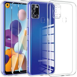 ERYI-Couqe Pour Samsung Galaxy A21S Avec 2 Pi&egrave;ces Verre Tremp&eacute; Protection &Eacute;cran, Transparente Silicone Tpu Bumper Housse Pour Samsung A21S Anti-Choc, Anti-Scratch Hd Clair &Eacute;tui Protection Case - Neuf