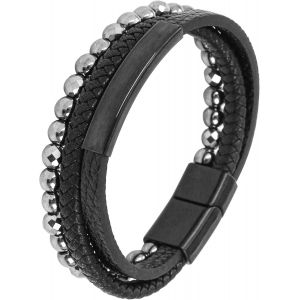 Kalanka-Bracelet Cuir Homme, Bracelet Perle Homme, Noir Bleu Marron Bracelets Pour Hommes, Avec Boîte Cadeau - Neuf
