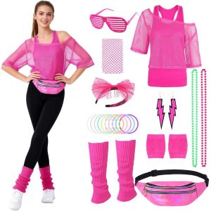 Tenue Des Ann&eacute;es 80 Et 90 Pour Femme Fluo 80 Avec T-Shirt En Filet, D&eacute;bardeur, Poche Ventrale, Jambi&egrave;re, Bandeau, Boucles D'oreilles, Collier Des Ann&eacute;es 80, 90, Accessoires De Costume Pour Carnaval, - Neuf