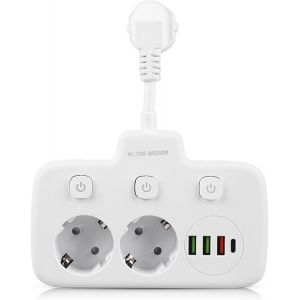 Multiprise 2 Prises 2 Prises avec 3 Ports USB et 1 Port USB-C, multiprise Adaptateur, multiprise 2 Prises pour Bureau &agrave; Domicile, 10 A/2500 W - Neuf