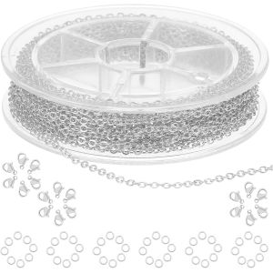 Mevronisshop-Rouleau De Cha&icirc;ne &Agrave; Maillons En Acier Inoxydable De 5 M De Long Avec 20 Fermoirs Mousquetons, 50 Anneaux Ouverts Pour Fabrication De Colliers, Boucles D'oreilles, Bracelets (Argent) - Neuf
