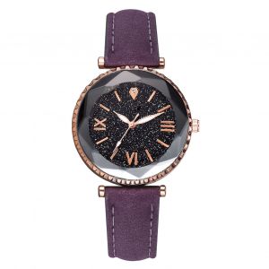 Montre-Bracelet A Quartz Pour Femme, Bracelet En Pu, Chiffres Romains, Cadran Rond, Violet - Neuf
