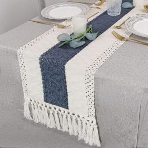 Chemin De Table Bleu Boh&egrave;me De 183 Cm De Long, Chemin De Table Rustique De Ferme, D&eacute;coration De Table D'automne En Toile De Jute Macram&eacute; - Neuf
