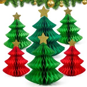 Décoration de Noël - 6 Pièces Boules en Nid d'Abeille et Sapin en Papier Pliable pour Table - Mini Sapin Rouge et Vert - Neuf