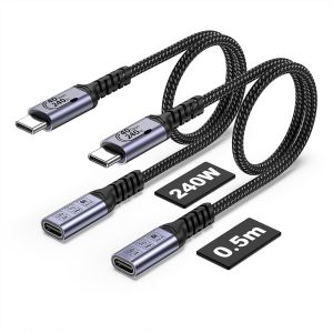 KAL-Câble de rallonge USB C 0,5 m (2 packs / 240w / 40gbps / 8K), câble de rallonge USB 4.0 court, transmission de données haute vitesse 40 Gbps mâle femelle, écran vidéo 8K compatible avec MacBook A - Neuf