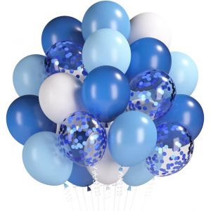 CAUC-Ballons Bleus, 60 Ballons Bleu Perle Blanc Mat, Ballon Bleus &agrave; Confettis Macarons Bleu Clair H&eacute;Lium pour Gar&ccedil;ons Filles Anniversaires Mariages Baby Showers - Neuf