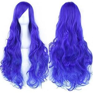 Kalanka-80cm Longue Perruque De Cosplay De Cheveux Naturels Boucl&eacute;s Avec Une Frange Color&eacute;e Halloween Costume Party Perruques Pour Les Femmes (Bleu) - Neuf