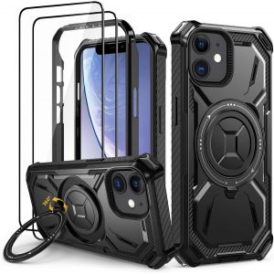 Maa-Coque Pour Iphone 11 Avec 2 Verre Trempé, Antichoc Étui De Militaire Protection, Anneau Support Renforcée Armure Etui Pour Iphone 11 Housse, Noir - Neuf