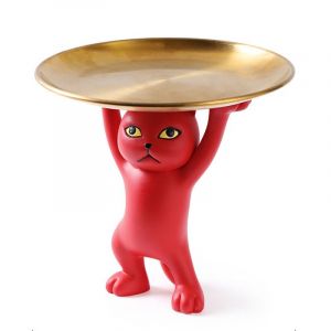 Hjlian Figurine De Chat, Porte-Stylo Avec Petit Plateau, Decoration De Bureau En Resine, Pour Bureau, Salon, Rouge, Petit - Neuf