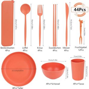 Asfasfq-Set De Vaisselle De Camping, 44 Pièces De Vaisselle De Pique-Nique,Service De Table De Table Combiné Avec Bol, Assiette, Cuillère, Fourchette, Couteau¿Palillos Et Gobelet, Pour Pique-Nique, C - Neuf