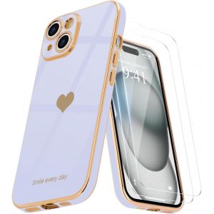 Pps-Coque Compatible Avec Iphone 15 Plus + 2 Films De Protection D'écran, Coque Pour Filles, Coque Galvanisée, Protection D'appareil Photo, Coque De Téléphone Pour Iphone 15 Plus, Violet - Neuf