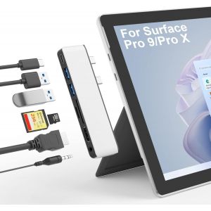 Surface Pro 8 USB C Hub Adaptateur avec 4K HDMI, USB-C Thunderbolt 4 (Display+PD Charging+Data), USB 3.0, USB 2.0, TF Card Slot, Docking Station Dual Monitor(HDMI+USB C) pour Surface Pro 8 - Neuf