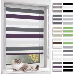 Store Enrouleur Jour Nuit, Tissu Double, Rideau Sans Per&ccedil;age, Translucide Occultant Et Protection Vie Priv&eacute;e,Pour Fen&ecirc;tre Et Porte,Blanc-Anthracite-Aubergine,80l X 120l Cm - Neuf