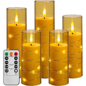 Bougie Led Avec Guirlande Lumineuse, Bougie &Agrave; Piles Avec T&eacute;l&eacute;commande Et Minuterie De 24 Heures, Bougie Sans Flamme Pour La D&eacute;coration Int&eacute;rieure (Dor&eacute;, Lot De 5) [Classe &Eacute;nerg&eacute;tique A] - Neuf