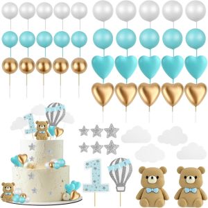 Trahoo-49pcs Ours Gâteau Décoration, Cake Topper Bleu, Décoration De Gâteau Balle, Garçon 1er Anniversaire Decoration Gateau, Gender Reveal Gâteau Décoration, Pour Baby Shower Fête Anniversaire - Neuf