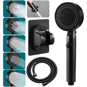 KGABERY-Pommeau De Douche Douchette Anti Calcaire Pomme De Douche À Haute Pression Avec 5 Modes Paume De Douche Salle De Bain Economie D'Eau Avec Tuyau 1.5 M Support Pommeau Douche (Noir) - Neuf