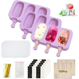 Kal-3 Pièces Moule À Crème Glacée En Silicone, Grands Moule À Glace Avec Couvercles Violet, Moule Magnum Cake Avec 100 Bâtons De Glace 100 Sacs D'emballage 100 Fils D'emballage Et 100 Autocollants - Neuf