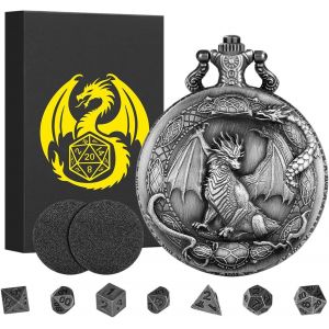 Eryi-Steampunk Dragon Debout Coquille De Montre De Poche, Lot De Mini Dés Dnd, 7 Pièces Dés D&d En Métal Polyédrique, Cadeaux D&d Avec Boîte Cadeau, Accessoires De Jeux De Société De Rôle, Argent Fon - Neuf
