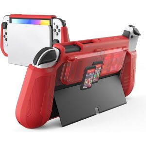 Switch OLED Case with Folding Design Game Storage, Protective Dockable Case for Nintendo Switch OLED 2021,Portable TPU Case for 7 Inch and Joy-Con Controller,Red - Neuf