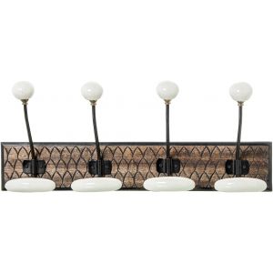 Porte-manteau mural en bois avec 4 crochets en m&eacute;tal et c&eacute;ramique en blanc et noir 19 x 48 x 14 cm - Neuf