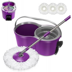 VornixorSarlshopSeau Essoreur &agrave; P&eacute;dale et Balai &agrave; Franges en Microfibre, Serpilli&egrave;re Magique et Essoreur 360&deg; avec 3 T&ecirc;tes Serpill&egrave;re, Balai avec Poign&eacute;e en Acier Inoxydable &agrave; 4 Sections,Violet - Neuf