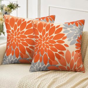 Cauc-Lot De 2 Housse Coussin 45x45 Automne Hiver Lin Taie Oreiller Canap&eacute; Dahlia Motif Cadeau No&euml;l Halloween D&eacute;coration Pour Chambre, Canap&eacute;, Chaise, Lit,Jardinorange Et Gris - Neuf