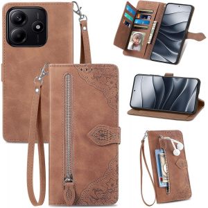 KALANKA-Coque pour Xiaomi Redmi Note 14 5G / POCO M7 Pro, &Eacute;tui Housse en Cuir PU &agrave; Rabat avec Porte Carte, Chiusura Magn&eacute;tique [Motif de Fleur] Flip Cover TPU Case Antichoc Portefeuille, Marron - Neuf