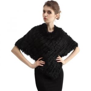 Etole-Poncho-Veste De Fourrure En Lapin D'élevage Véritable Tricoté Pt01 Noir - Femme - Taille Unique - Neuf