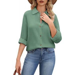 Utigh-Chemisier Femme Élégant Col En V Blouse Manches Longues Coton Oversize Chemise Avec Bouton Décontracté Hauts Ample Tunique Tops - Neuf